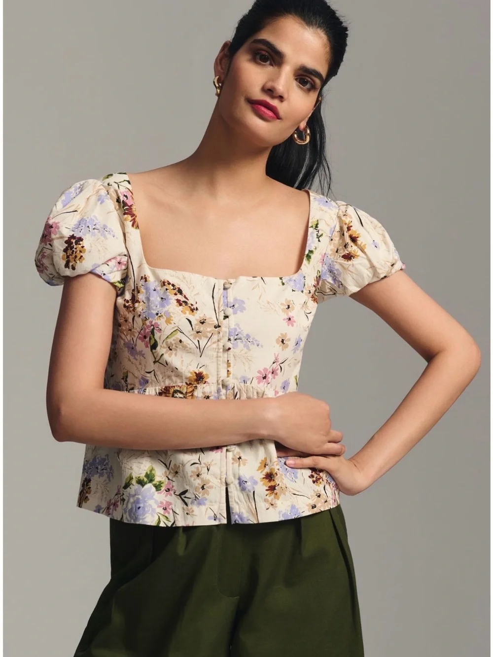 Anthropologie Cream Floral Square-Neck Puff Sleeve Peplum Top